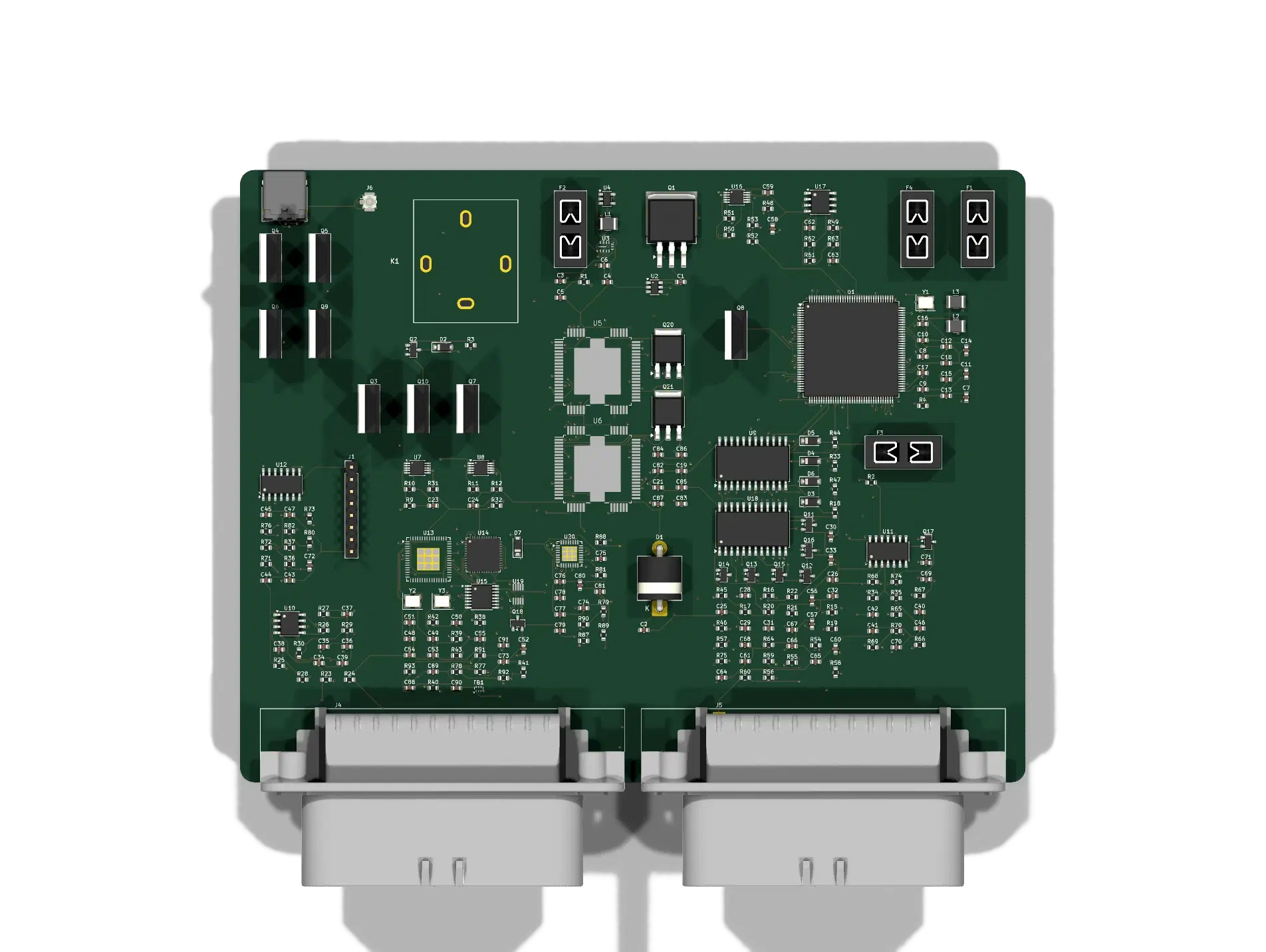 3D render of the assembled ECU board, straight top-down view
