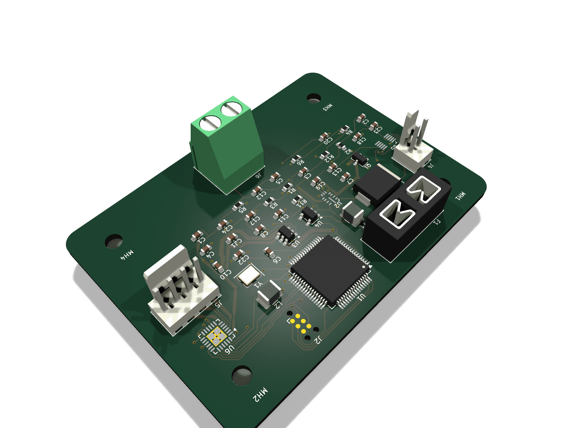 Thermo PCB, isometric render, top side populated